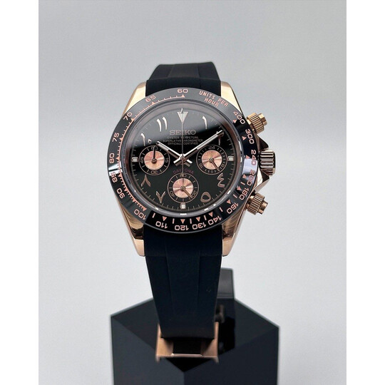 Custom Seiko Mod • Black Rose Arabic Daytona Quartz Chronograph Watch • 39.5mm